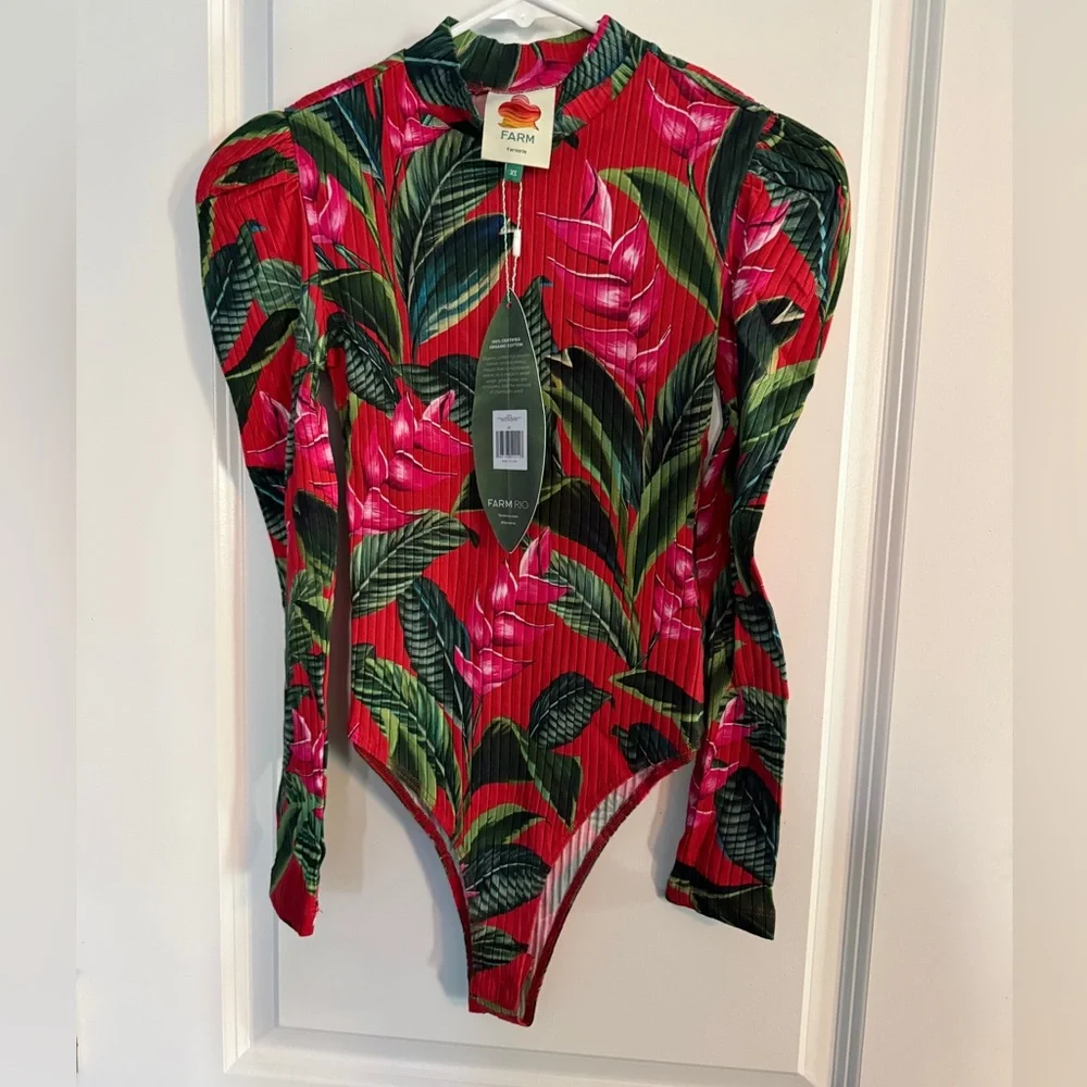 FARM Rio NEW Tropical Pink Hawaiian Bodysuit Ribbed Puff Sleeve-XS - Picture 3 of 5